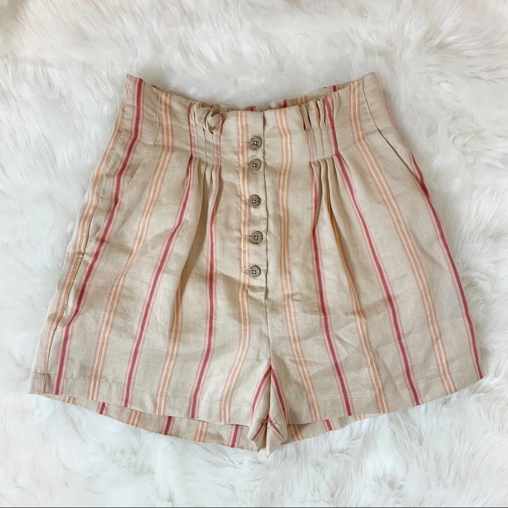 Joie Maelina Linen Blended Striped High Rise Button Front Shorts Size Large NEW